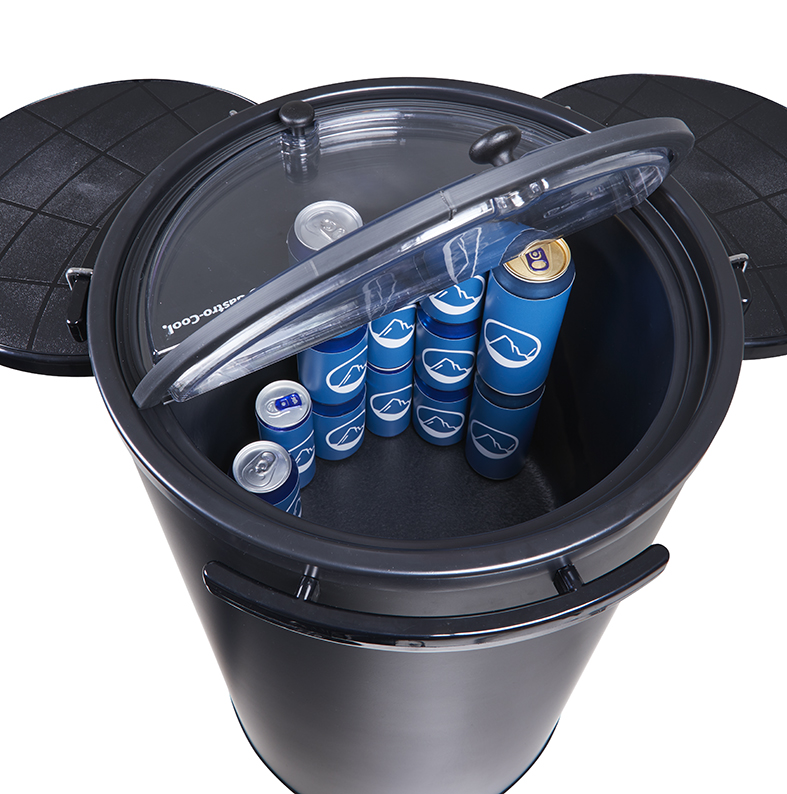 Cooler, round with wheels - display cooler - black - GCPT45 - Topview Trays lid open stocked