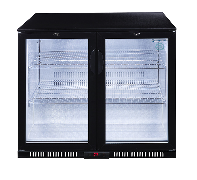 Gastro-Cool Bottle Cooler with glass door - black - hinged door - self-closing - GCUC200 front view empty