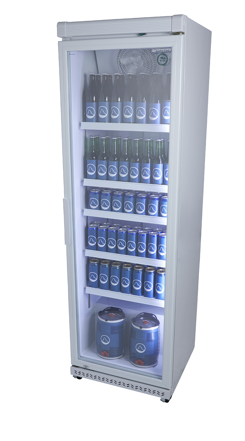 Gastro-Cool - Bottle Cooler, fan-assisted - glass door - white - GCGD400 - side view filled