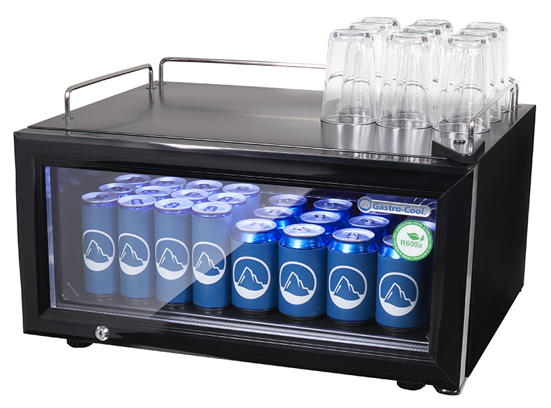 Gastro-Cool Glass Door Cooler - small and flat - counter - bar - space-saving - black - GCGD15 Side full with glasses